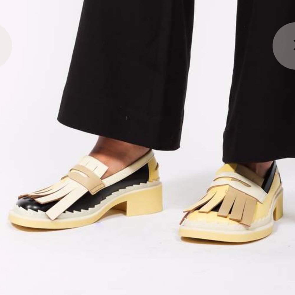 Camper Two-Tone Yellow, Black & Cream Kiltie Loafers
